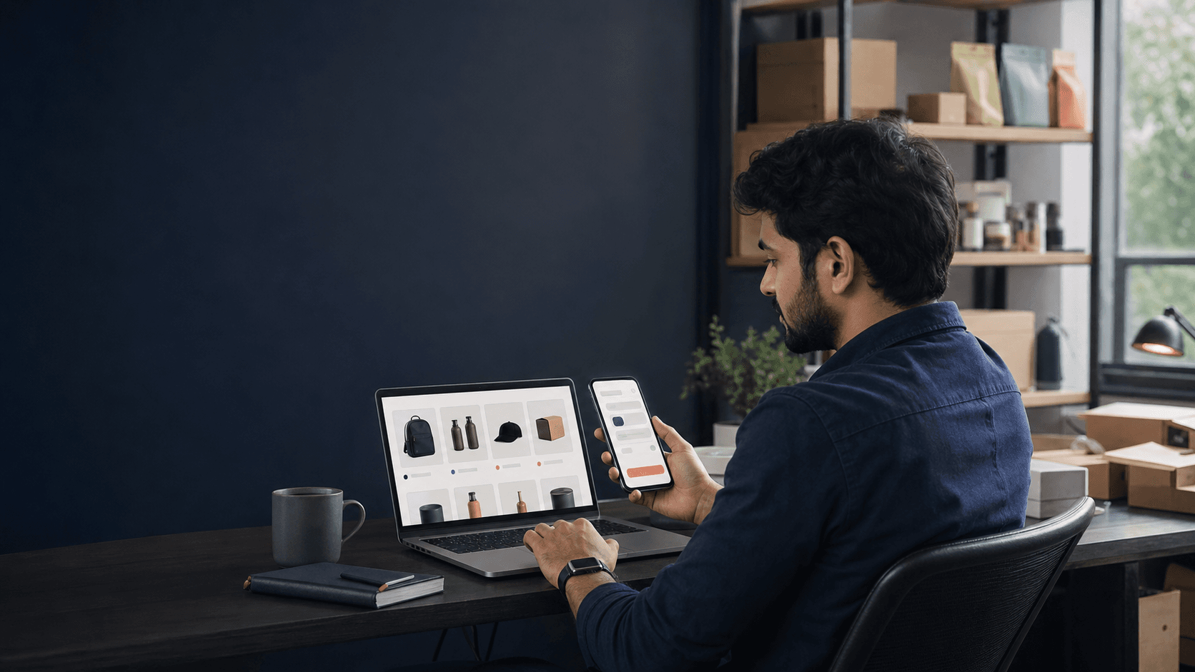 Ecommerce operator reviewing product data and a conversational checkout